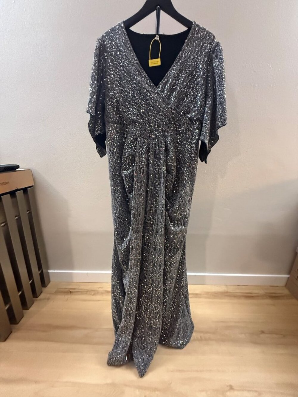 Tiaraly Sequin Draped Formal Gown – Silver, Size 3X Plus - 1335
